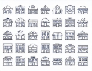 Collection of various architectural outline illustrations featuring shops, buildings, and storefronts