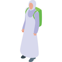 Full Body Isometric View Of A Person Wearing A Light Purple Abaya With A Bright Green Backpack Standing Against A White Background