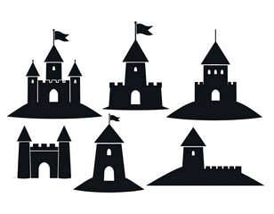 Obraz premium Collection of various monochrome silhouettes of medieval castles with towers, flags, and battlements