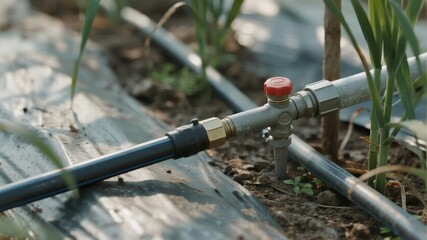 Close-up of irrigation pipes and valve in a garden setting