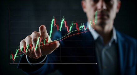 Market sentiment analysis concept. A trader's hand points to a holographic stock chart where the line is colored green (bullish/greed) and red (bearish/fear).