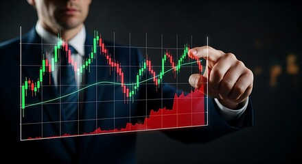 Market sentiment analysis concept. A trader's hand points to a holographic stock chart where the line is colored green (bullish/greed) and red (bearish/fear).