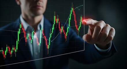 Market sentiment analysis concept. A trader's hand points to a holographic stock chart where the line is colored green (bullish/greed) and red (bearish/fear).