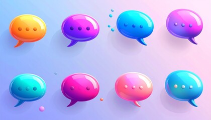 Collection of vibrant, glossy, speech bubbles in various colors against a soft, gradient background