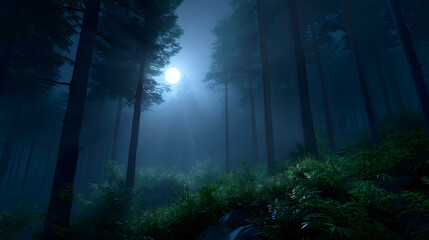Obraz premium Mystical Midnight Forest: The forest floor is veiled in an ethereal mist, and the moonlight is peeking through the canopy, illuminating the towering trees and creating a mysterious and serene scene.
