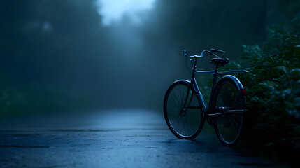 Obraz premium Bicycle in Misty Road: The scene shows an old bicycle standing on a dark road in the morning fog, creating a mysterious and atmospheric ambiance.