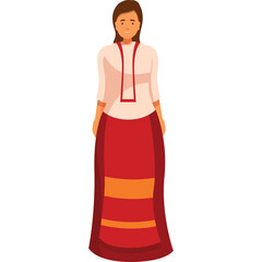 Full body illustration of a smiling woman wearing a traditional red and white ethnic outfit standing against a white background