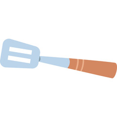 Flat Metal Spatula Kitchen Utensil With A Brown Wooden Handle And A Blue Metal Shaft Used For Cooking And Serving Food Isolated On White Background