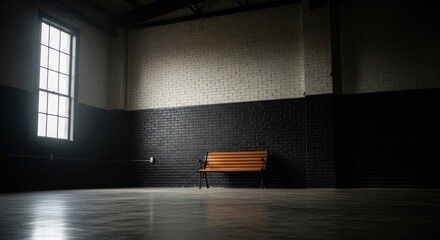 Fototapeta premium Empty interior space featuring a bench, window, and contrasting wall colors.