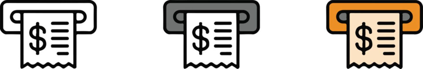 receipt and invoice icon trio for accounting bookkeeping payment receipt printer dispenser vector graphics