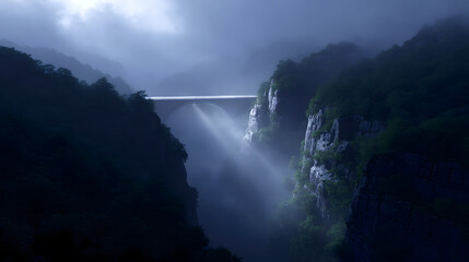 Bridge of Light: A solitary bridge gracefully spans a dramatic gorge, bathed in an ethereal light. Rays of sunlight pierce through the clouds.