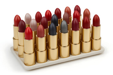 Obraz premium A collection of vibrant lipsticks in various shades, perfect for beauty, fashion, and makeup branding or advertising campaigns, with gold tubes