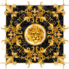 Silk scarf with golden lion and baroque ornament. luxury shawl design. gold lace watercolor hand drawn textile background.