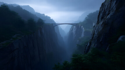 Majestic Bridge Over Canyon: A dramatic, atmospheric scene captures a sturdy bridge spanning a deep canyon, set against a backdrop of towering cliffs and a misty mountain range.