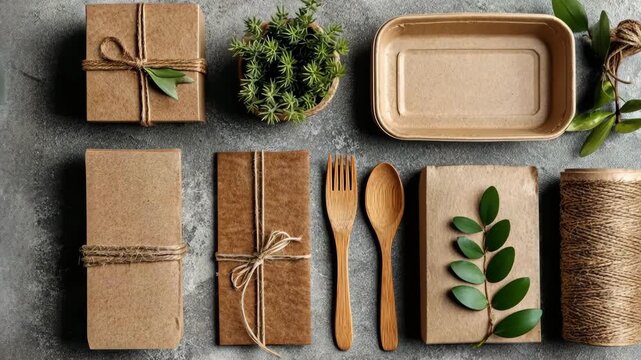 Generative AI. Natural packaging materials arranged on a textured surface, featuring eco-friendly boxes, wooden utensils, twine, and greenery, showcasing sustainable gift-wrapping ideas