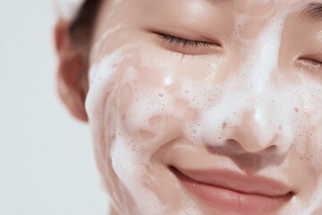 closeup of woman cleansing face with foam