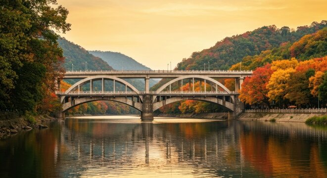 A concrete bridge arches gracefully over calm water with autumn foliage