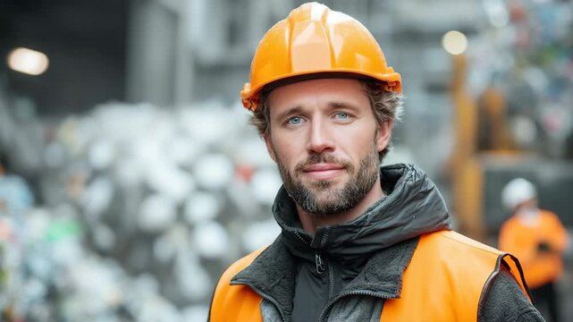 Generative AI. Caucasian man wearing an orange hard hat and safety vest stands confidently in a recycling facility, surrounded by piles of sorted materials, showcasing environmental responsibility
