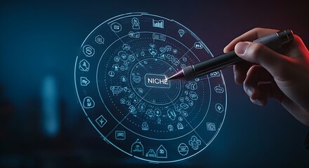 Market niche discovery concept. A hand uses a tool to highlight a small, empty area in a holographic market overview, with the word "NICHE" appearing.