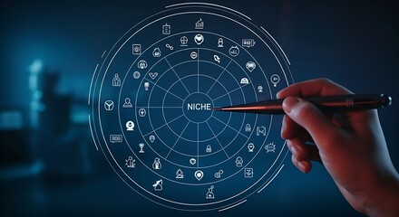 Market niche discovery concept. A hand uses a tool to highlight a small, empty area in a holographic market overview, with the word "NICHE" appearing.