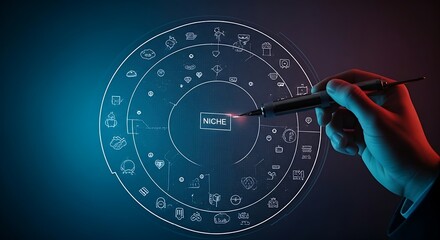 Market niche discovery concept. A hand uses a tool to highlight a small, empty area in a holographic market overview, with the word "NICHE" appearing.