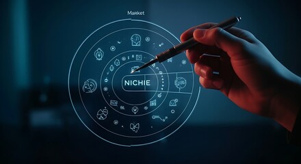 Market niche discovery concept. A hand uses a tool to highlight a small, empty area in a holographic market overview, with the word "NICHE" appearing.
