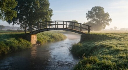 Fototapeta premium A wooden bridge arches over a misty river at dawn