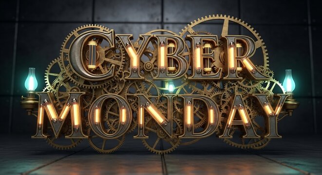 Cyber Monday promotion graphic in steampunk style with gears and light bulbs. Perfect for sales campaigns, advertising, e-commerce events. Drive digital marketing impact.