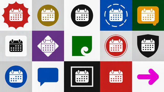 Diverse Calendar Icons in Various Shapes and Colors on a Grid Background Keywords: calendar, icon, symbol, date, planning, schedule, event, appointment, time, organizer, agenda