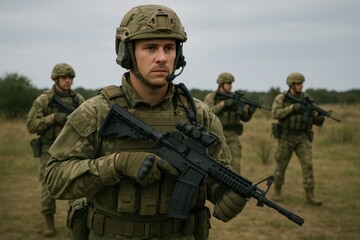 Fototapeta premium Soldiers patrolling in open field holding assault rifles