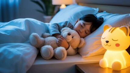 Peaceful slumber as a child dreams sweetly with a teddy bear, lit by a warm night light in a cozy bedroom, creating a sense of comfort and security