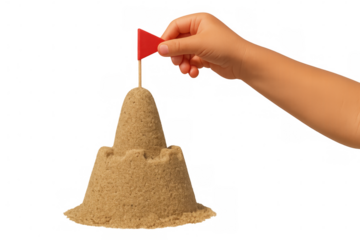 Child's hand placing red flag on sandcastle, symbolizing achievement, success, and setting goals
