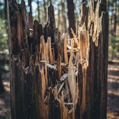 Close-up of a weathered, splintered tree trunk in a forest setting