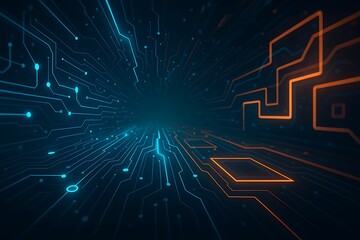 Abstract digital circuit board with glowing lines and data transfer visualization.