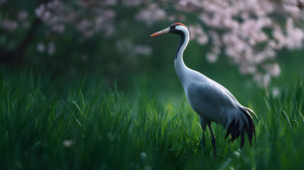 Obraz premium Elegant Crane in Meadow: A solitary crane with graceful neck and long legs strides confidently through a vibrant green meadow, its presence enhanced by a blossoming tree.