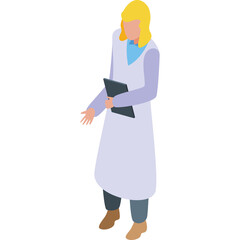 Female doctor holding tablet in light blue shirt and white coat isometric view with transparent background detailed illustration