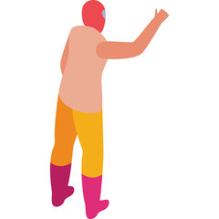 Fototapeta premium Figure With Pink Mask And Peach Shirt Raising Arm In The Air Wearing Yellow And Orange Pants With Pink Boots Against Transparent Background