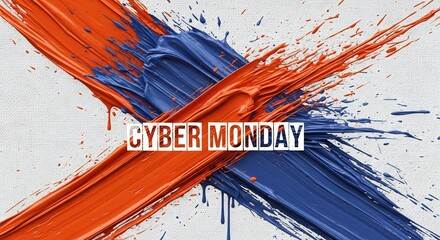 Bold Cyber Monday sale design. Perfect for retail, e-commerce marketing, special offers, online sales campaigns. Orange and blue paint stroke background create contrast.