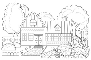 Cartoon house with garden flowers for coloring book page. Vector illusrtation