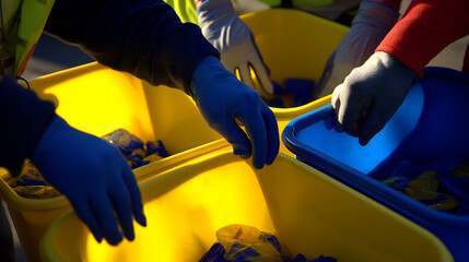Hands sorting materials into yellow and blue bins. People wearing gloves are engaged in recycling activities. Focus on teamwork and environmental awareness.
