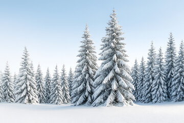 Fototapeta premium Dreamy winter wonderland scene of snow-covered pine trees against a clear blue sky, perfect for holiday cards or seasonal backgrounds