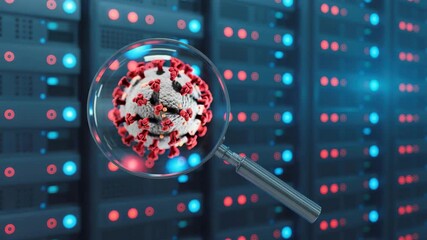 Investigating virus data cybersecurity threat in server room, magnifying glass shows virus, representing digital health risks and network security - Powered by Adobe