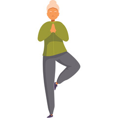 Elderly Woman Practicing Yoga Tree Pose In A Green Jacket and Grey Pants With a White Background