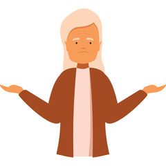 Elderly Woman With Blond Hair Wearing Brown Jacket and Pink Shirt Shrugging Shoulders With Arms Extended In White Background Isolated Simple Illustration Of An Elderly Person
