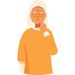 Elderly Woman With Glasses Wearing An Orange Sweatshirt Pondering With Her Hand On Her Chin And A Thoughtful Expression Against A Transparent Background