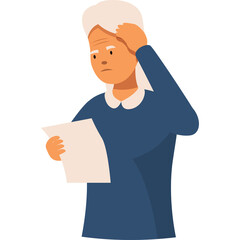 Elderly Woman With Gray Hair Wearing A Dark Blue Dress And White Collar Looks Concerned While Holding A Paper With One Hand On Her Head In A Studio Shot