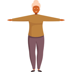 Elderly Woman With Orange Head Scarf And Brown Sweater Arms Outstretched In T Pose Against White Background