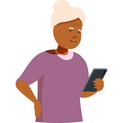 Elderly Woman With Light Skin Bun Hairstyle And Purple Shirt Holding Smartphone In Front Of White Background