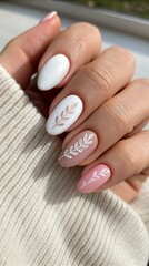 Elegant oval nails with delicate white and beige botanical designs