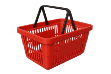 Red plastic shopping basket for grocery shopping, retail business and consumerism, transparent background